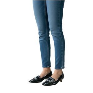 VTG Manolo Blahnik Patent Leather Pumps Navy Square Toe Plaid Buckle Sz 36 US 6